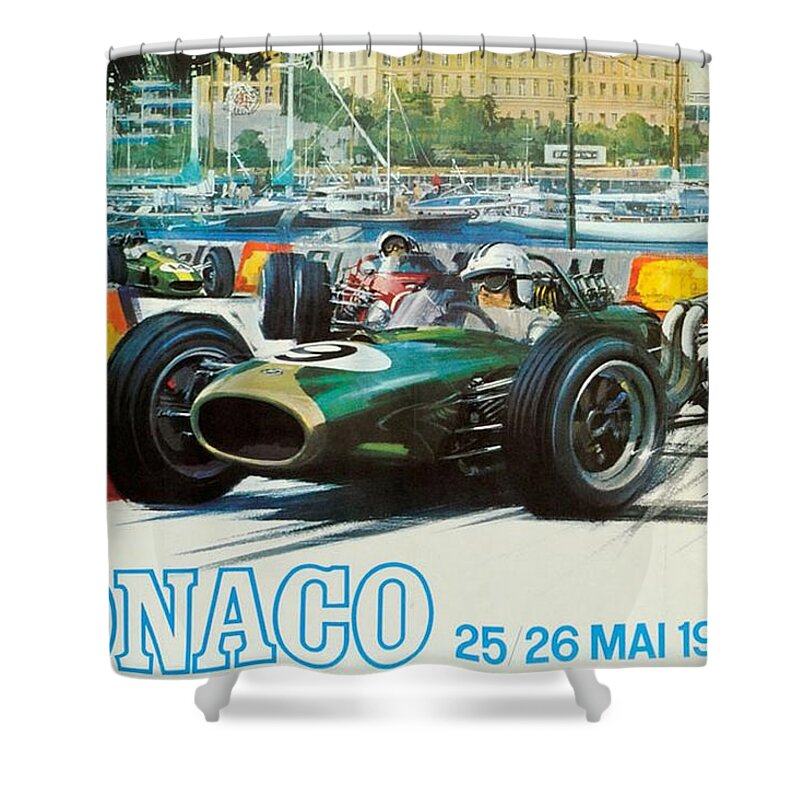 Monaco Grand Prix Shower Curtain featuring the digital art Monaco F1 Grand Prix 1968 by Georgia Clare