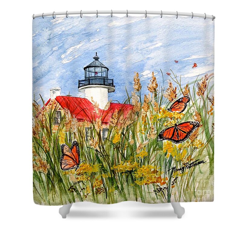 East Point Lighthouse Shower Curtain featuring the painting Monarch Butterflies at East Point Light by Nancy Patterson