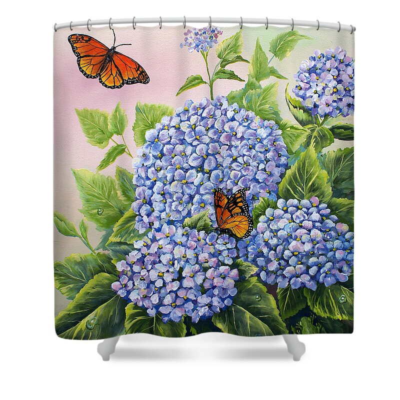Butterfly Shower Curtain featuring the painting Monarchs and Hydrangeas by Gail Butler