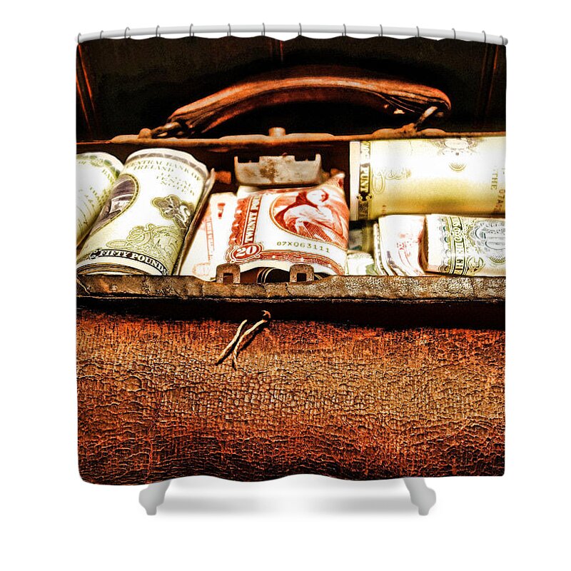 Old Leather Bag Filled With Money Shower Curtain featuring the photograph Money Bag by Joan Reese