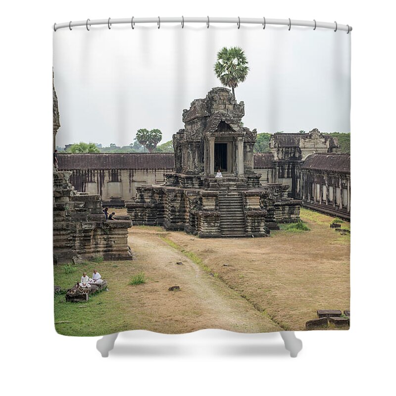 People Shower Curtain featuring the photograph Monks Praying, Angkor Wat, Cambodia by John Harper