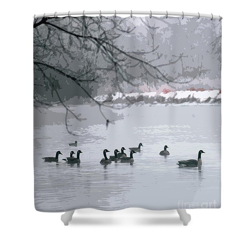 Geese Shower Curtain featuring the photograph Monochromatic Geese by Debbie Hart