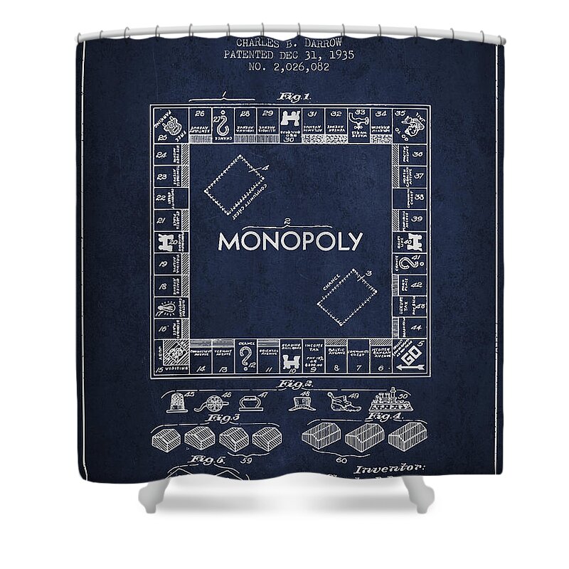 Monopoly Shower Curtain featuring the digital art Monopoly Patent from 1935 - Navy Blue by Aged Pixel
