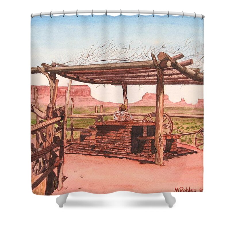 Monument Valley Shower Curtain featuring the painting Monument Valley Overlook by Mike Robles