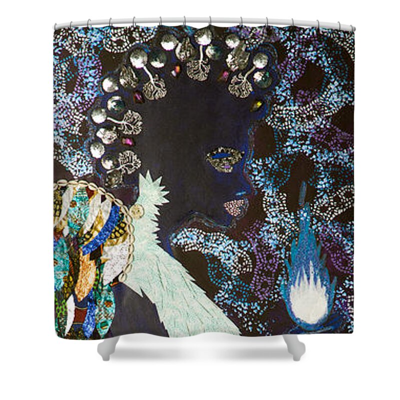African Shower Curtain featuring the tapestry - textile Moon Guardian - The Keeper of the Universe by Apanaki Temitayo M