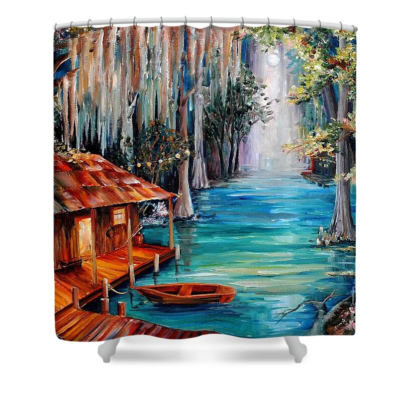 Bayou Shower Curtain featuring the painting Moon on the Bayou by Diane Millsap
