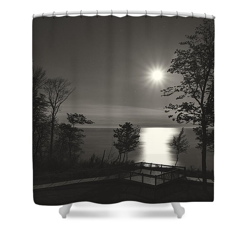 Lake Michigan Shower Curtain featuring the photograph Moon over Lake Michigan in Black and White by Mary Lee Dereske