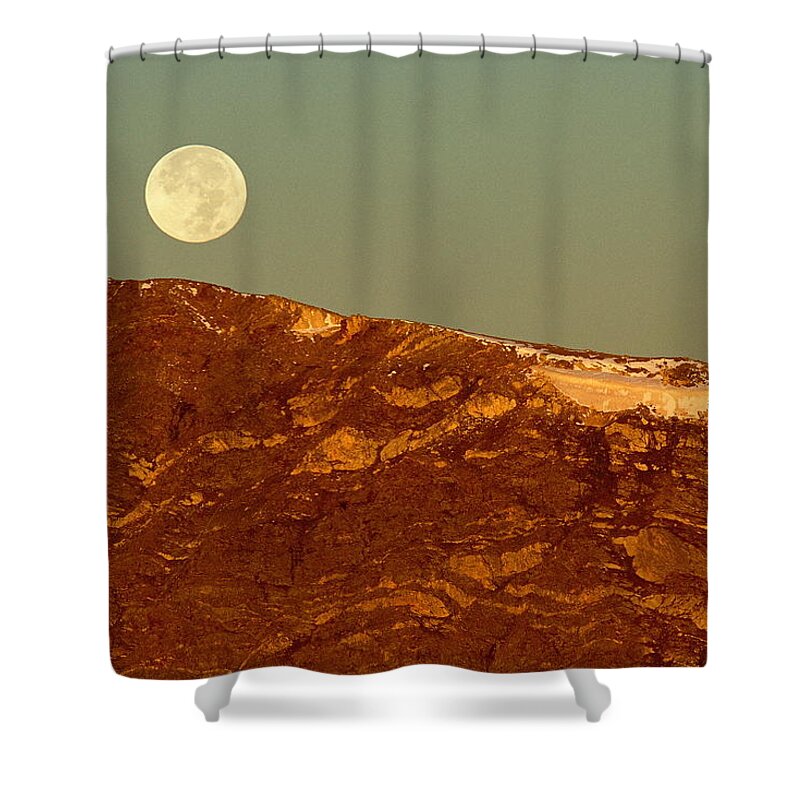 American West Shower Curtain featuring the photograph Moon Over Mount Ida by Eric Glaser