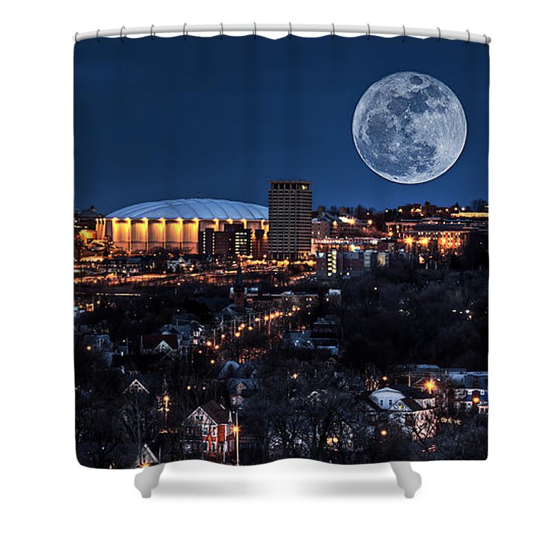 Carrier Dome Shower Curtain featuring the photograph Moon Over the Carrier Dome by Everet Regal