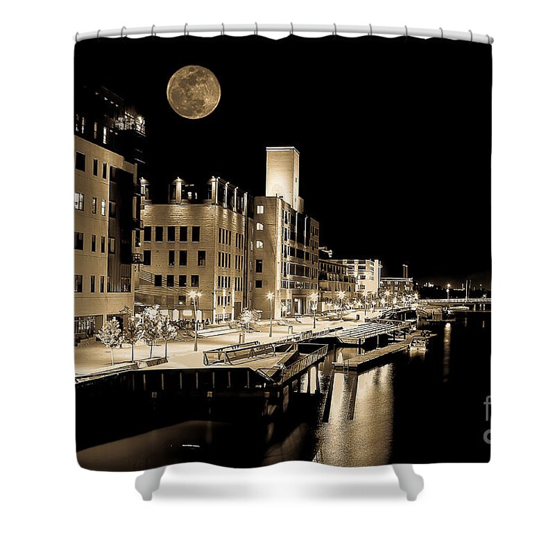 Titletown Shower Curtain featuring the photograph Moon Over Titletown by Nikki Vig