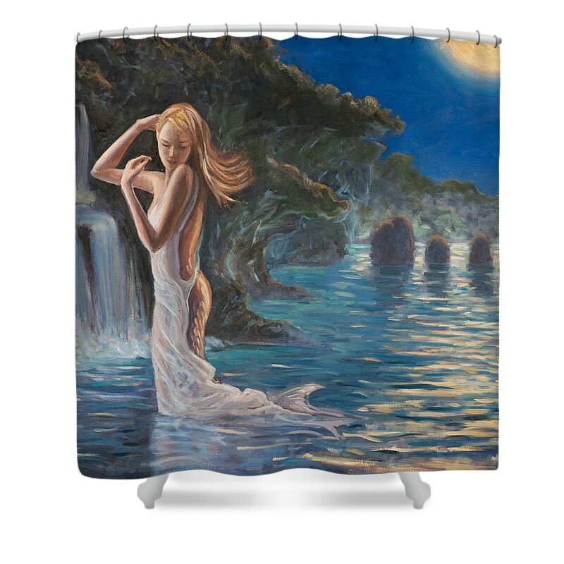 Mermaid Shower Curtain featuring the painting Transformed by the moonlight by Marco Busoni