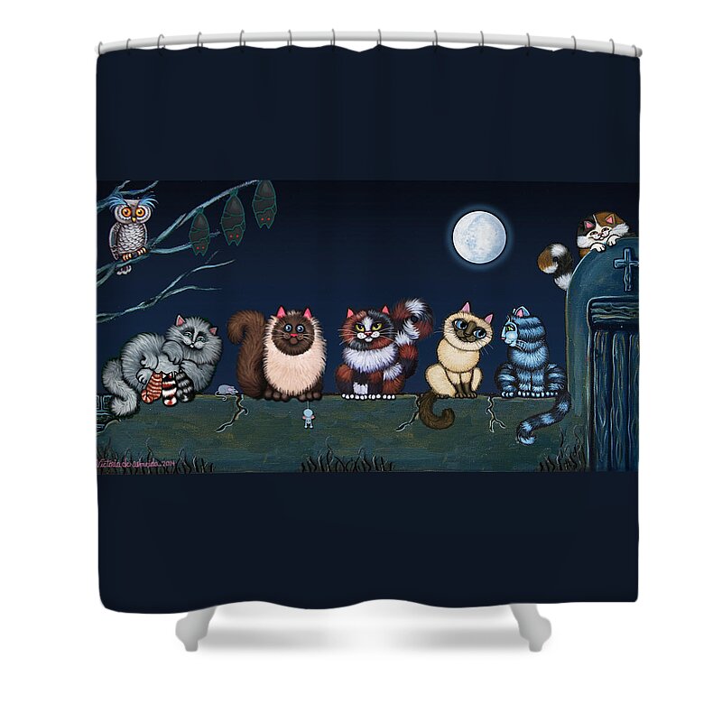 Cat Shower Curtain featuring the painting Moonlight On The Wall by Victoria De Almeida