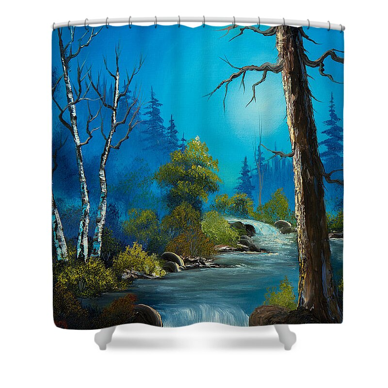 Landscape Shower Curtain featuring the painting Moonlight Stream by Chris Steele