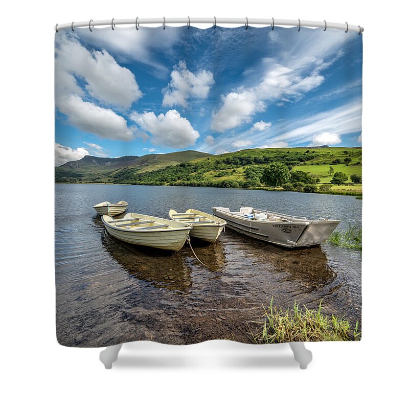 Nantlle Uchaf Lake Shower Curtain featuring the photograph Moored Boats by Adrian Evans