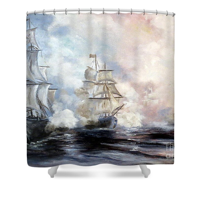 Sailing Ships Shower Curtain featuring the painting Morning Battle by Lee Piper