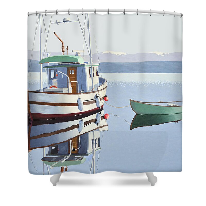 Fishing Boat Shower Curtain featuring the painting Morning calm-fishing boat with skiff by Gary Giacomelli