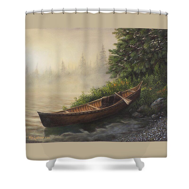 Canoe Shower Curtain featuring the painting Morning Mist by Kim Lockman