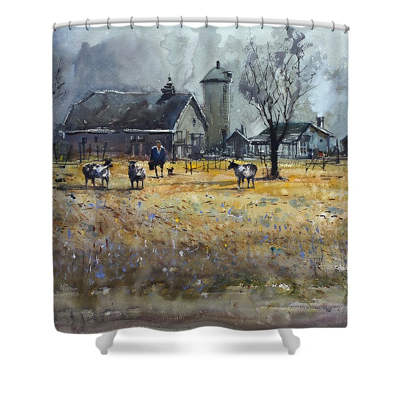 Ryan Radke Shower Curtain featuring the painting Morning on the Farm by Ryan Radke