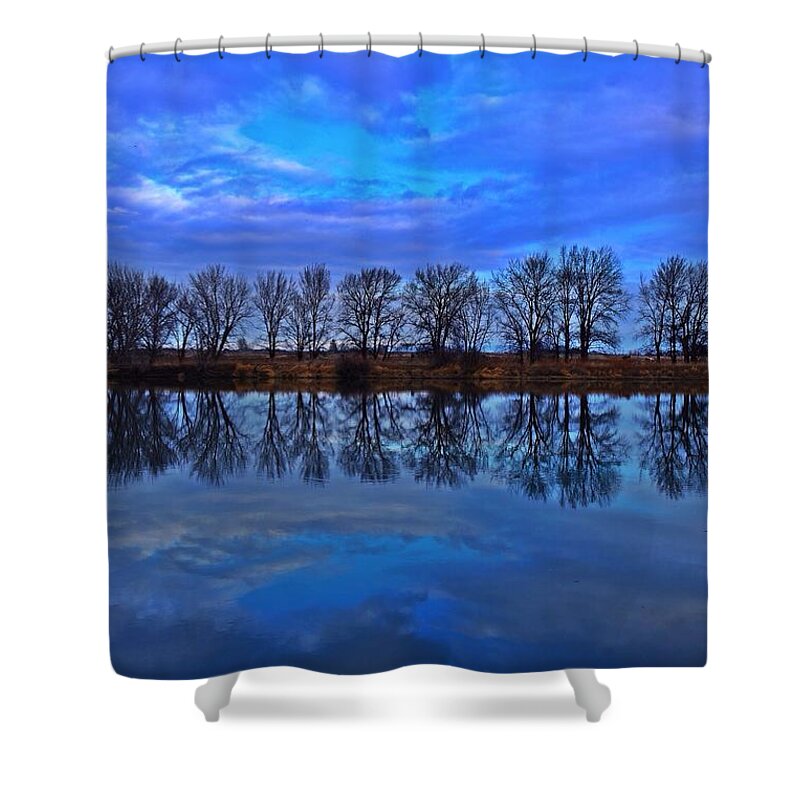 Landscape Shower Curtain featuring the photograph Blue morning reflection by Lynn Hopwood