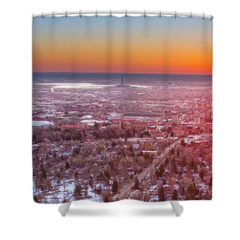 University Shower Curtain featuring the photograph Morning Sunrise Over Boulder Colorado University Panorama by James BO Insogna