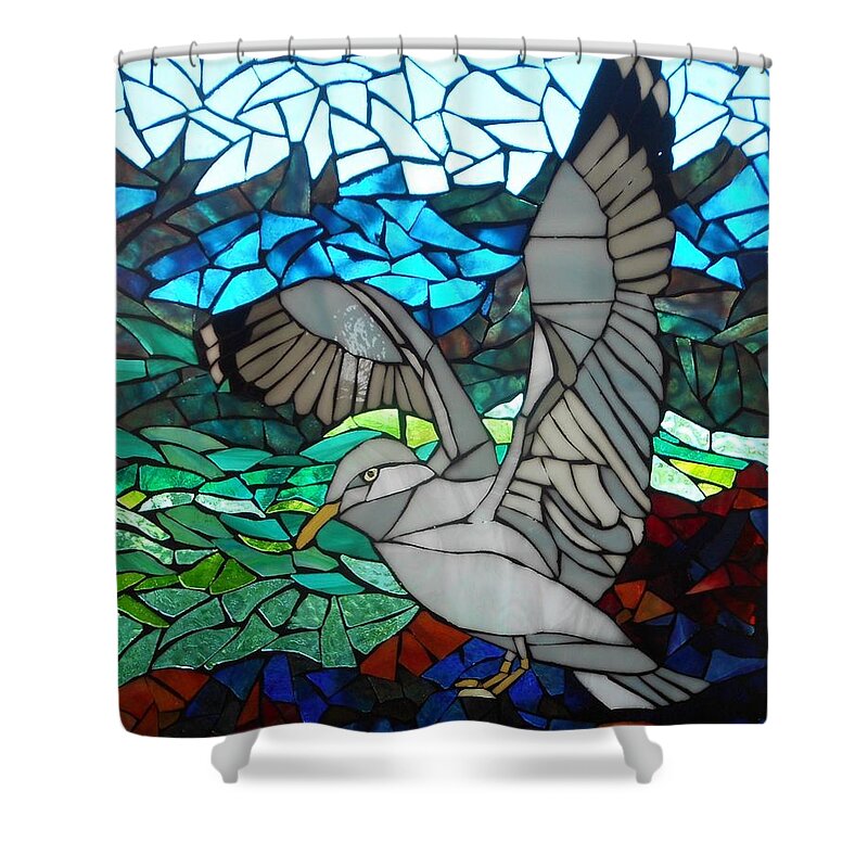 Mosaic Shower Curtain featuring the glass art Mosaic Stained Glass - Blue Rocks by Catherine Van Der Woerd