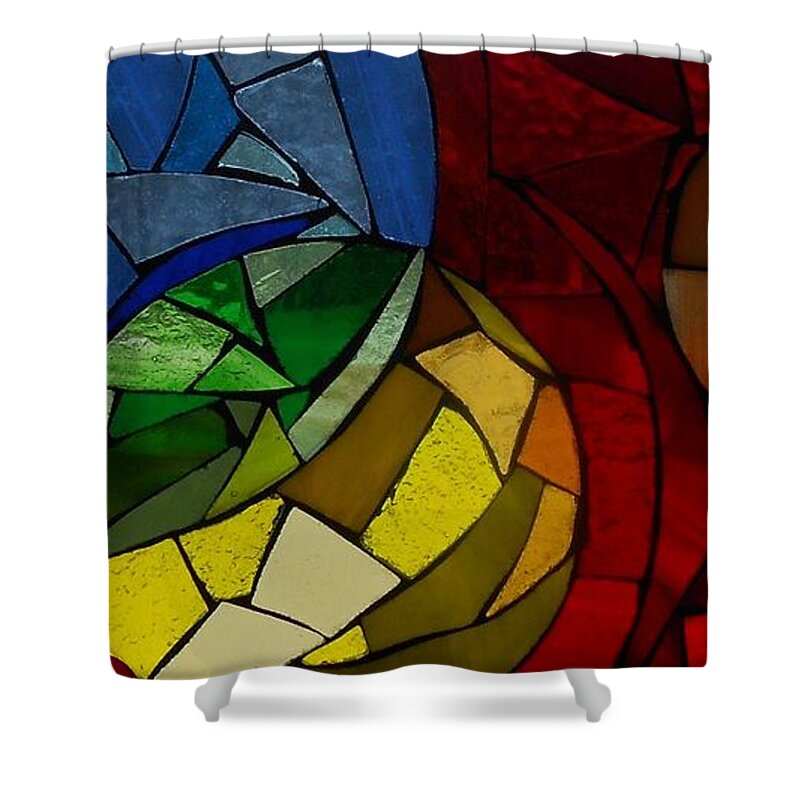 Round Shower Curtain featuring the glass art Mosaic stained glass - Play by Catherine Van Der Woerd