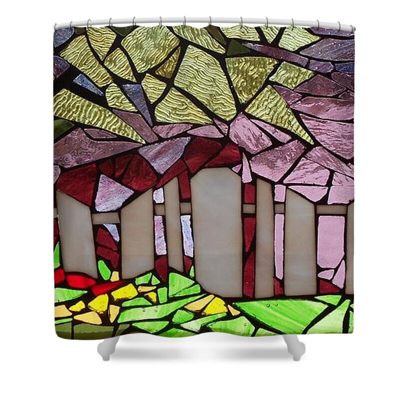 Fence Shower Curtain featuring the glass art Mosaic Stained Glass - The Garden Fence by Catherine Van Der Woerd
