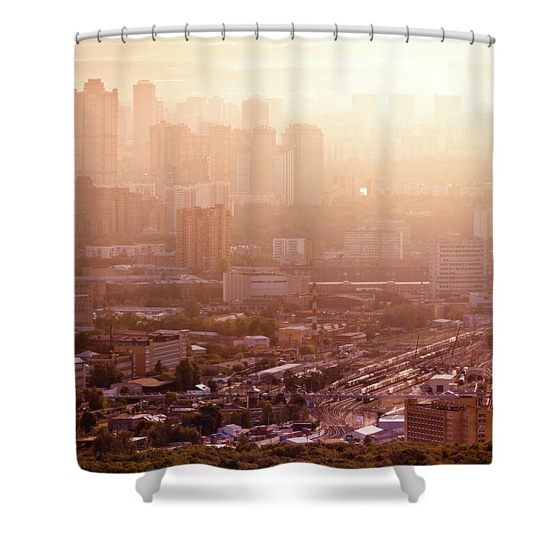Passenger Train Shower Curtain featuring the photograph Moscow Cityscape In Sunset Light by Mordolff