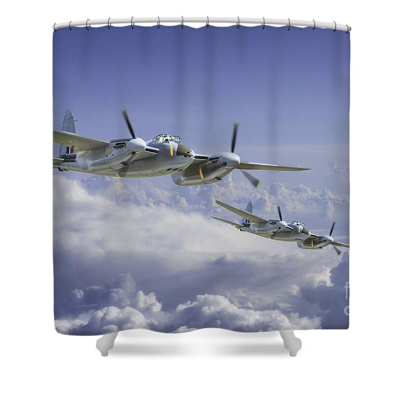 De Havilland Mosquito Shower Curtain featuring the digital art Mosquito Patrol by Airpower Art