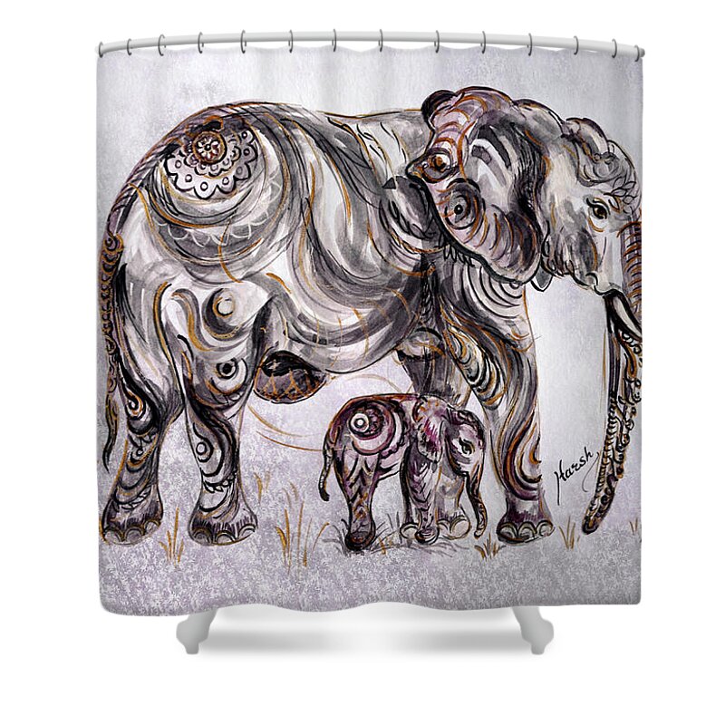 Elephant Shower Curtain featuring the painting Mother Elephant by Harsh Malik