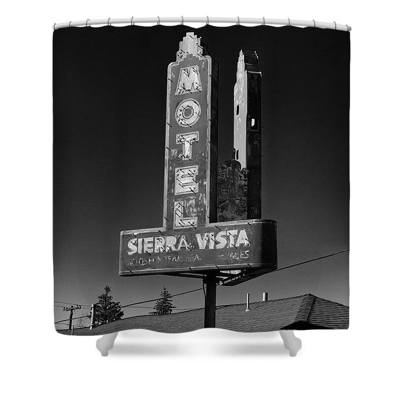 Motel Shower Curtain featuring the photograph Mother Road Motel Black and White by Joshua House