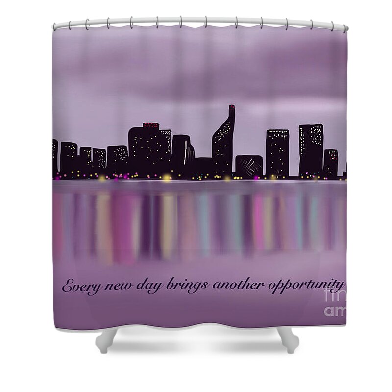 Text Shower Curtain featuring the painting Perth, Australia City Skyline Motivational Message by Barefoot Bodeez Art