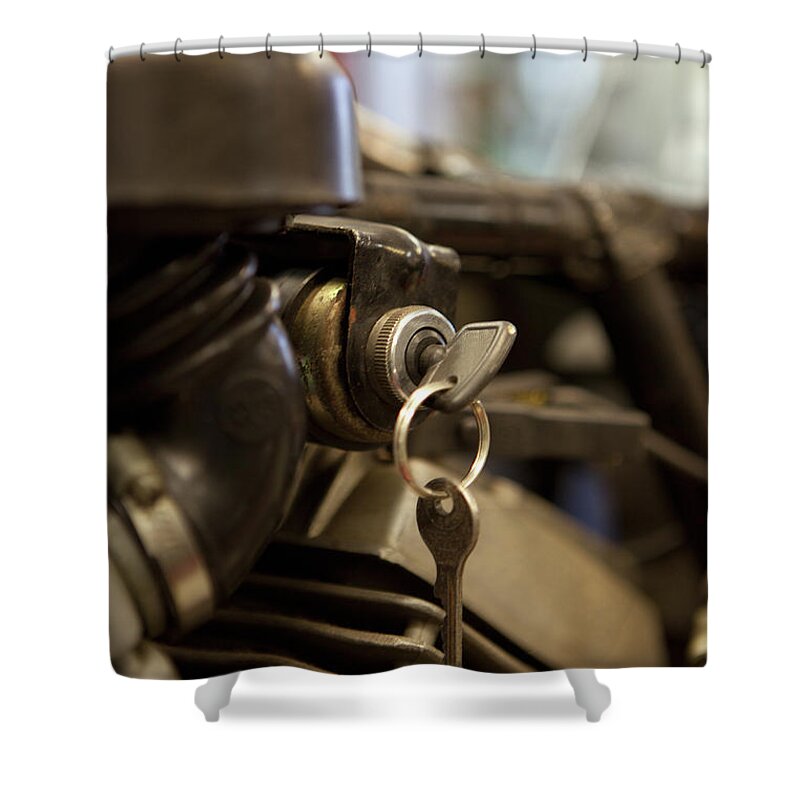 Berlin Shower Curtain featuring the photograph Motorcycle Key In Ignition by Andreas Schlegel