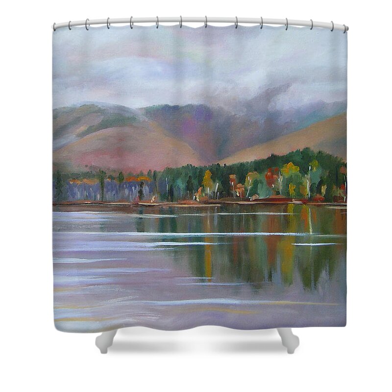 White Mountain Art Shower Curtain featuring the painting Mount Chocorua and Chocorua Lake New Hampshire by Nancy Griswold