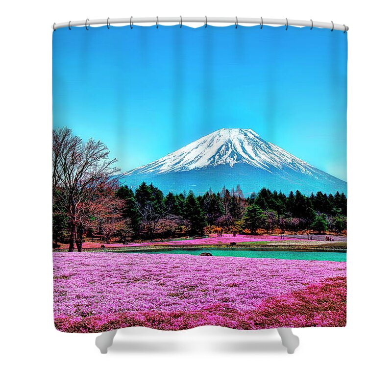 Tranquility Shower Curtain featuring the photograph Mount Fuji In Spring And Blue Sky by Michaël Ducloux