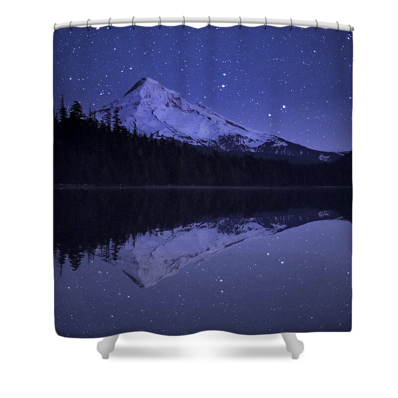 534808 Shower Curtain featuring the photograph Mount Hood And Starry Sky Reflected In by Michael Durham
