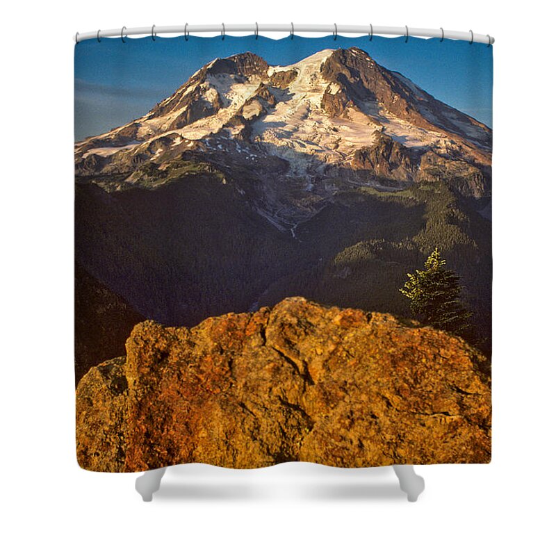 Awe Shower Curtain featuring the photograph Mount Rainier at Sunset with Big Boulders in Foreground by Jeff Goulden