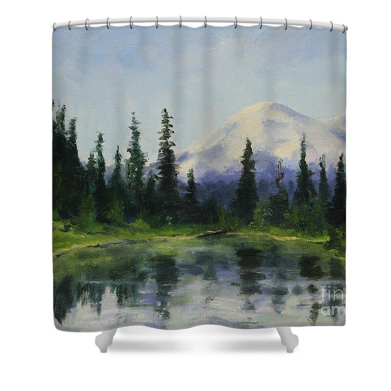 Mountains Shower Curtain featuring the painting Picnic by the Lake by Maria Hunt