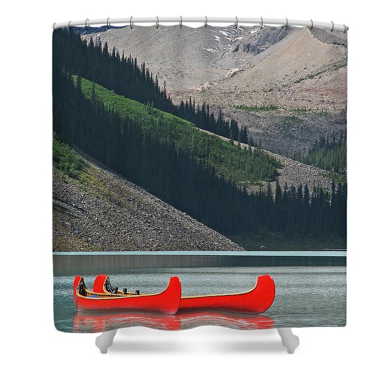 Red Shower Curtain featuring the photograph Mountain Canoes by Marcia Socolik
