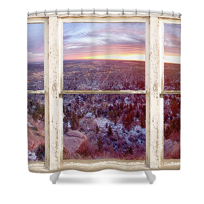 Mountains Shower Curtain featuring the photograph Mountain City White Rustic Barn Picture Window View by James BO Insogna