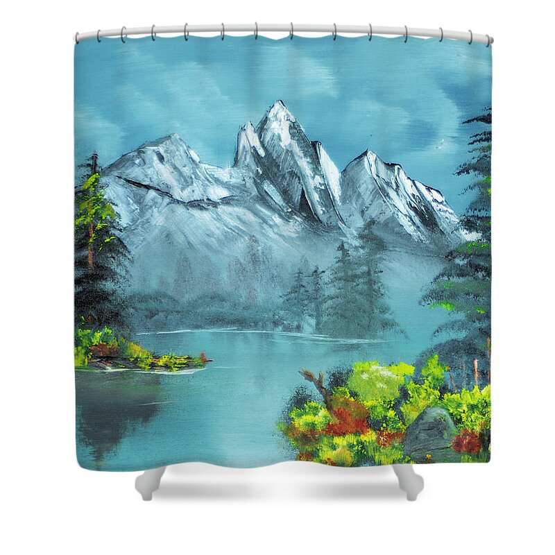 Mountain Lake Pond Meadow Tree Flower Evergreen Reflection Shower Curtain featuring the painting Mountain Retreat by Michael Daniels
