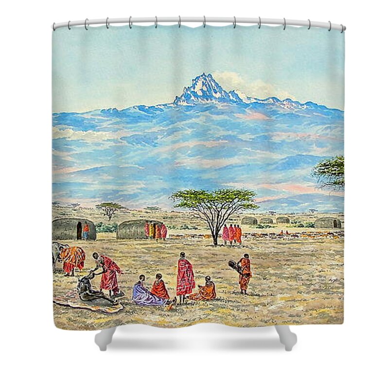 African Paintings Shower Curtain featuring the painting Mountain Village by Joseph Thiongo
