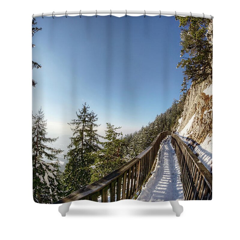Scenics Shower Curtain featuring the photograph Mountainside Walkway In The Alps by Davelongmedia