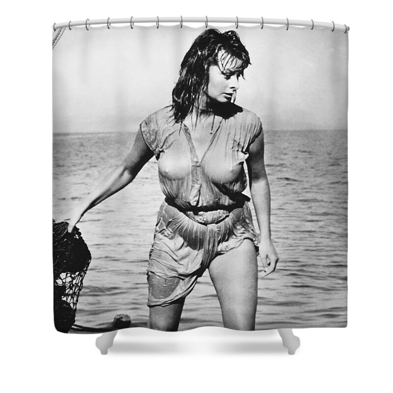1957 Shower Curtain featuring the photograph Movie star Sophia Loren by Underwood Archives