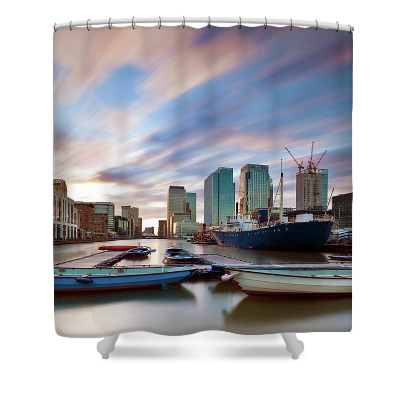 Canary Wharf Shower Curtain featuring the photograph Moving Skies At Canary Wharf by Esslingerphoto.com