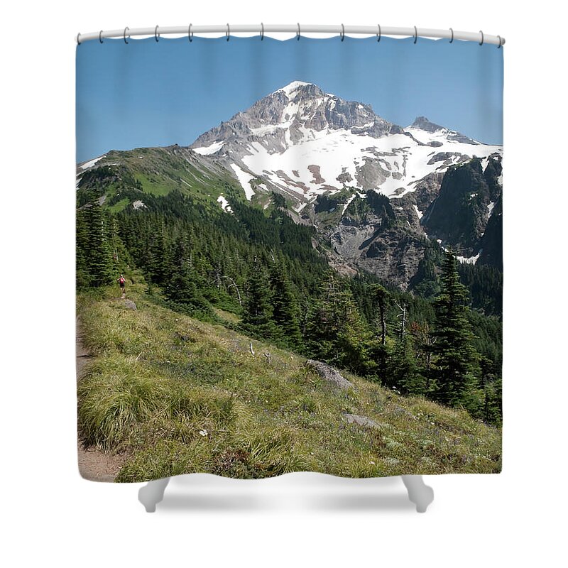 Scenics Shower Curtain featuring the photograph Mt. Hood And Hiker by Bruceman