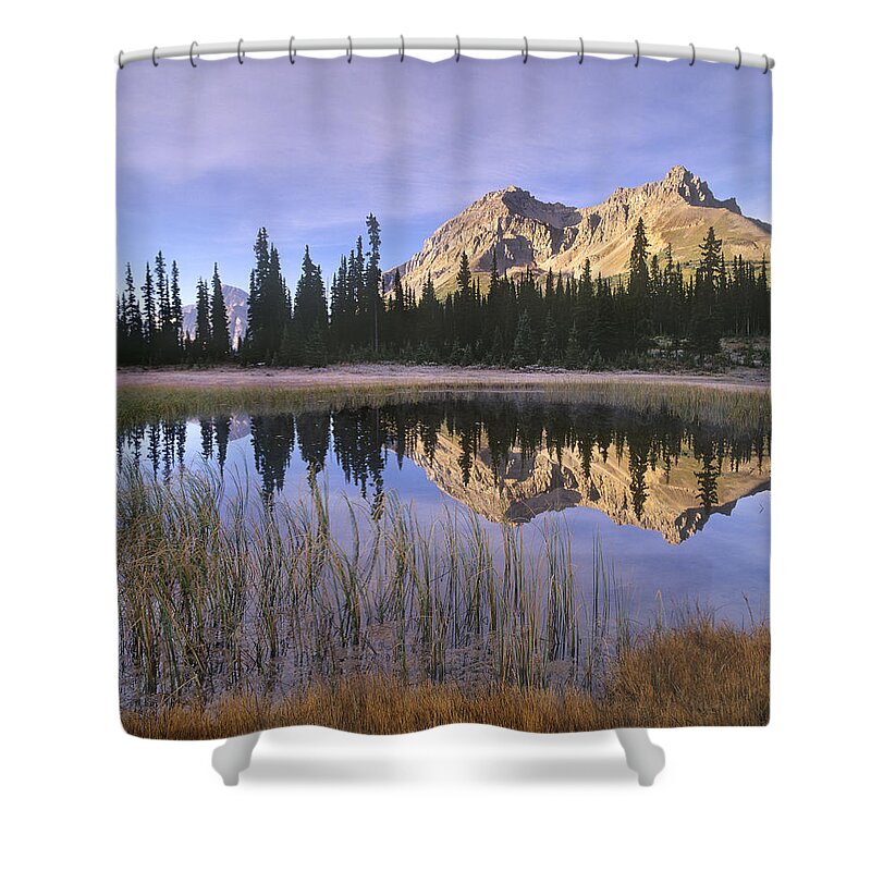 Feb0514 Shower Curtain featuring the photograph Mt Jimmy Simpson Reflection Banff by Tim Fitzharris