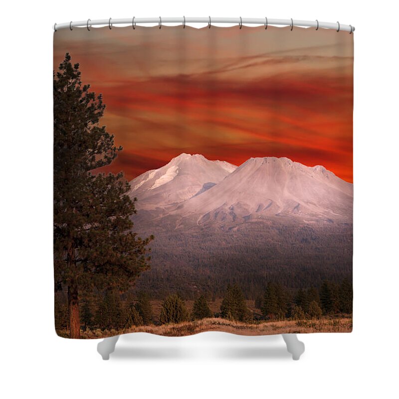 Mt Shasta Fire In The Skym Mountains Shower Curtain featuring the photograph Mt Shasta Fire in the Sky by Randall Branham