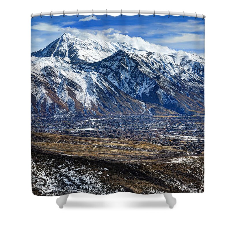 Wasatch Mountains Shower Curtain featuring the photograph Mt. Timpanogos in Winter from Utah Valley by Gary Whitton