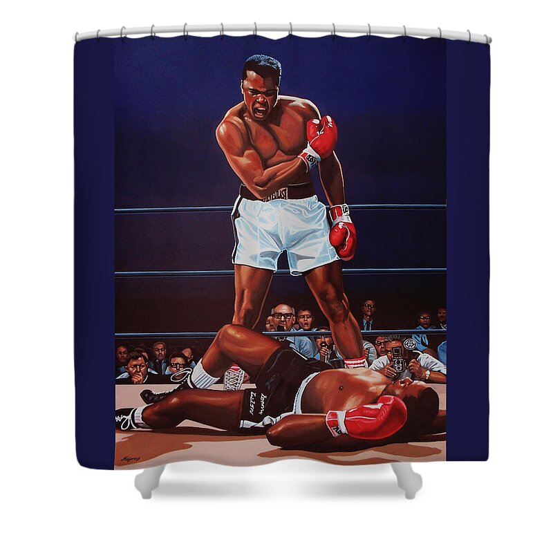 Mohammed Ali Versus Sonny Liston Muhammad Ali Paul Meijering Boxing Boxer Prizefighter Mohammed Ali Ali Sonny Liston Cassius Clay Big Bear The Greatest Boxing Champion The People's Champion The Louisville Lip Knockout Paul Meijering Wbc World Champions Heavyweight Boxing Champions Athlete Icon Portrait Realism Sport Heavyweight Adventure Down Sportsman Hero Painting Canvas Realistic Painting Art Artwork Work Of Art Realistic Art Ring Celebrity Celebrities Shower Curtain featuring the painting Muhammad Ali versus Sonny Liston by Paul Meijering